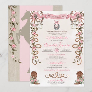 Rosa Rustic Boho Western Charra Quinceanera Inbjudningar
