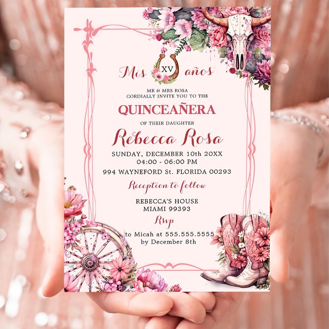 Rosa Rustic Boho Western Charra Theme Quinceanera Inbjudningar (Skapare uppladdad)