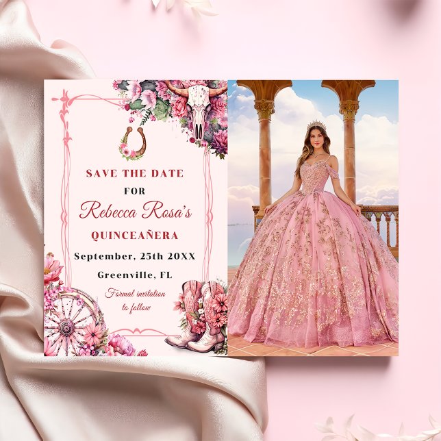 Rosa Rustic Boho Western Charra Theme Quinceanera Spara Datumet (Skapare uppladdad)
