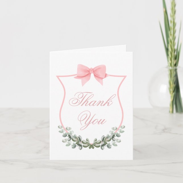 Rosa Rustic Bow Eucalyptus Vapensköld Baby Shower Tack Kort (Framsida)