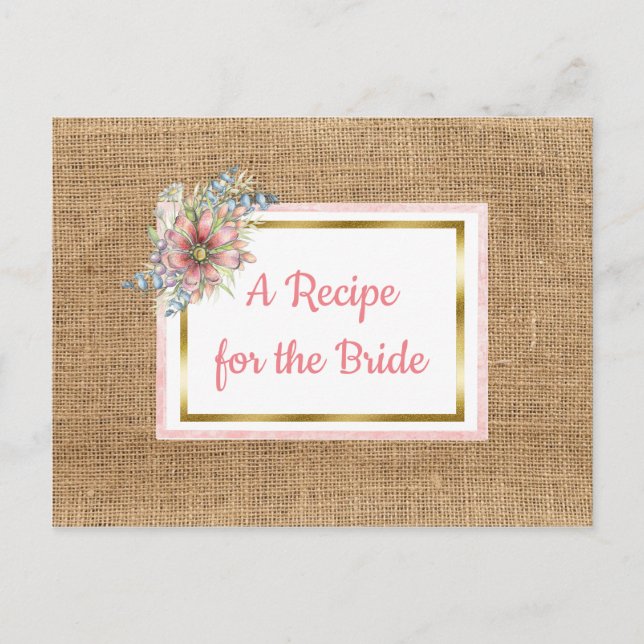 Rosa Rustic Burlap Blommigt Bröllop Recept Card Vykort (Framsida)