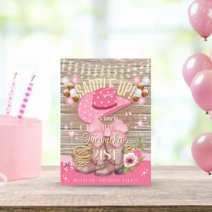 Rosa Rustic Girly Cowgirl Boots Hat Birthday Inbjudningar