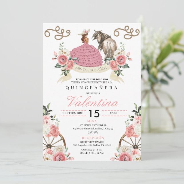 Rosa Rustic Mariachi Cowgirl Western Quinceañera Inbjudningar (Stående Fram)
