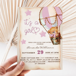 Rosa Rustic Nalle Girl Baby Shower-inbjudan Inbjudningar