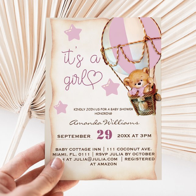 Rosa Rustic Nalle Girl Baby Shower-inbjudan Inbjudningar (Skapare uppladdad)