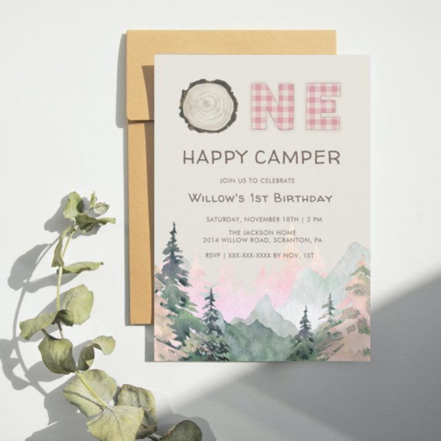 Rosa Rustic One Lycklig Camper Birthday-inbjudan Inbjudningar (Skapare uppladdad)