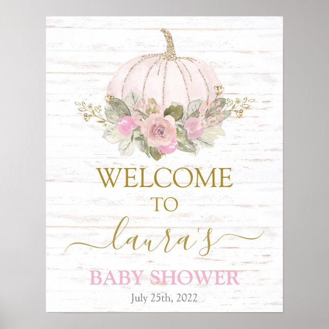 Rosa Rustic Pumpkin Baby Shower Välkomsttecken Poster (Framsidan)