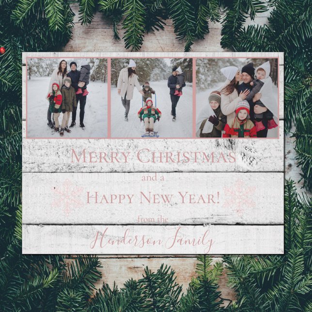 Rosa Rustic Snöflingor Flat Helgdag Photo Card Julkort (Pink Rustic Snowflakes Holiday Photo Card)