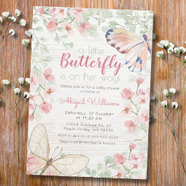 Rosa Rustic Watercolor Butterfly Girl Baby Shower Inbjudningar