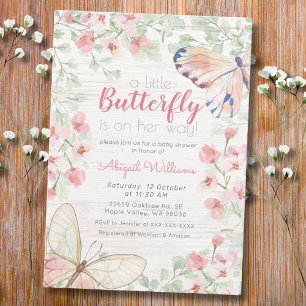 Rosa Rustic Watercolor Butterfly Girl Baby Shower Inbjudningar