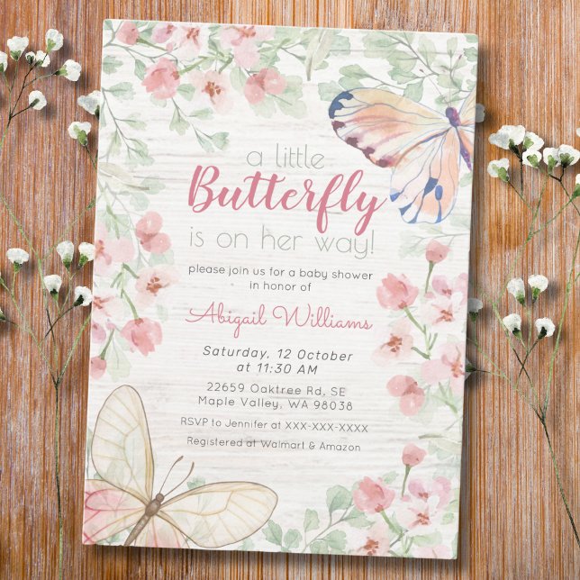 Rosa Rustic Watercolor Butterfly Girl Baby Shower Inbjudningar (Skapare uppladdad)
