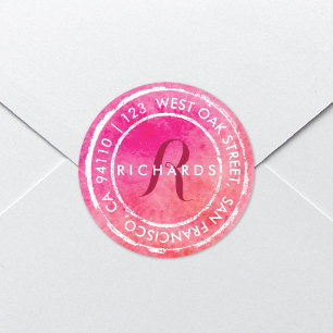 Rosa Rustic Watercolor Monogram Rund Adress Runt Klistermärke