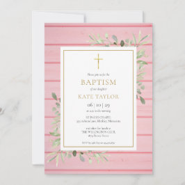 Rosa Rustic Wood Greenery Baptism Christening Inbjudningar