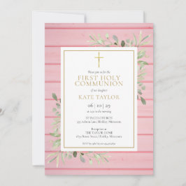Rosa Rustic Wood Greenery First Heliga Communion Inbjudningar