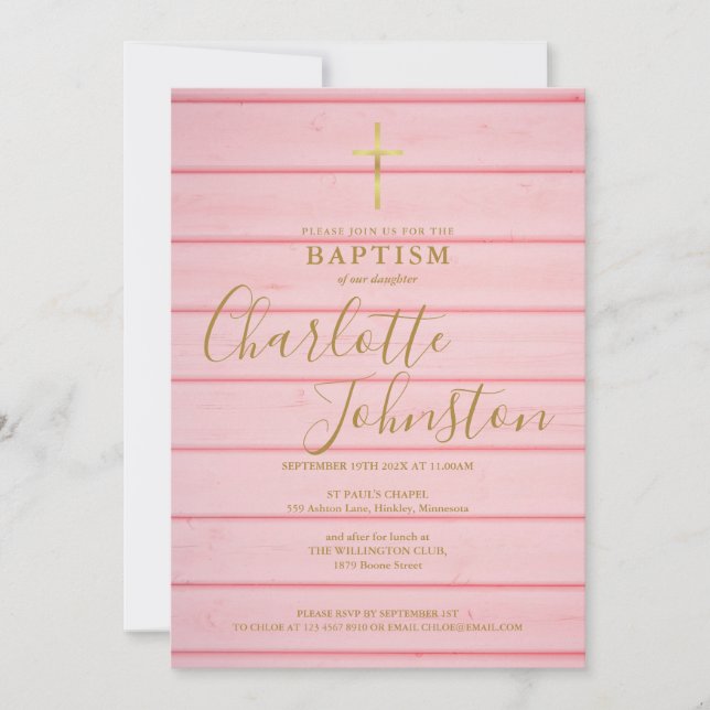 Rosa Rustic Wood Script Baptism Christening Inbjudningar (Framsida)