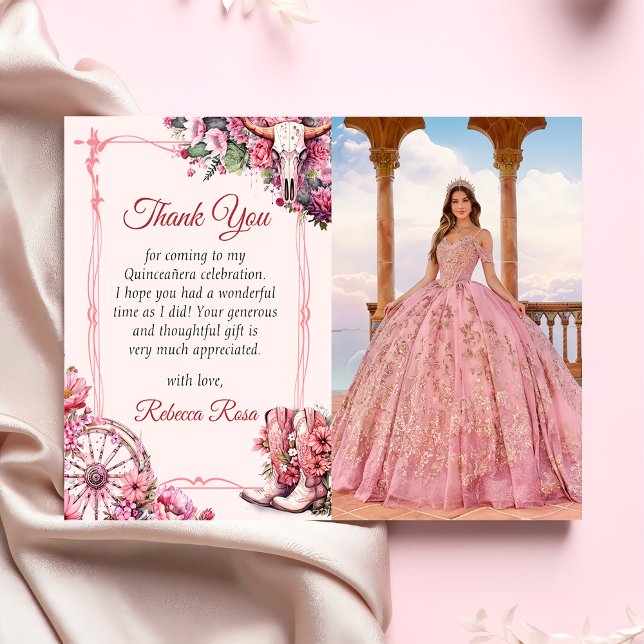 Rosa rustik västerländsk Quinceanera tackkort  Inbjudningar (Skapare uppladdad)