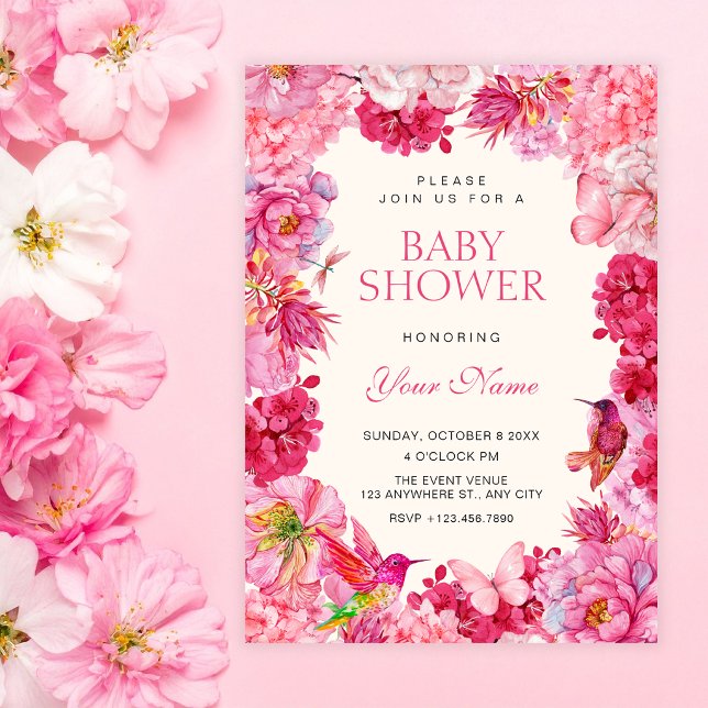 Rosa rustika blommande blommor baby shower inbjudningar (Skapare uppladdad)
