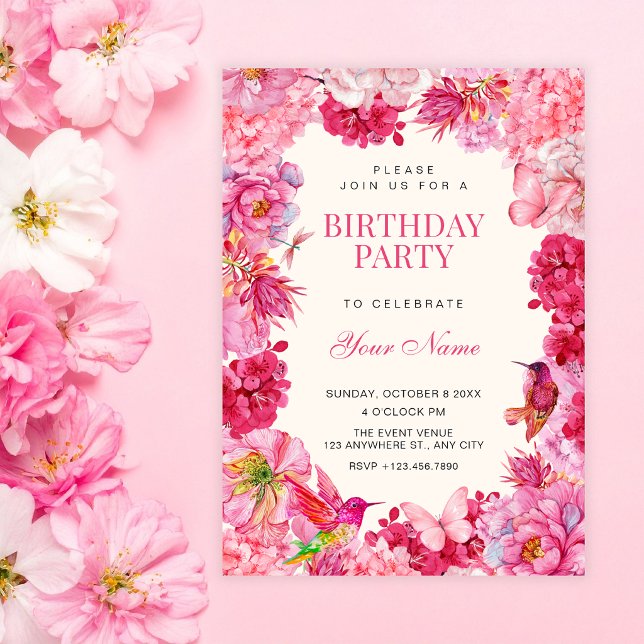 Rosa rustika blommande blommor födelsedag inbjudningar (Skapare uppladdad)