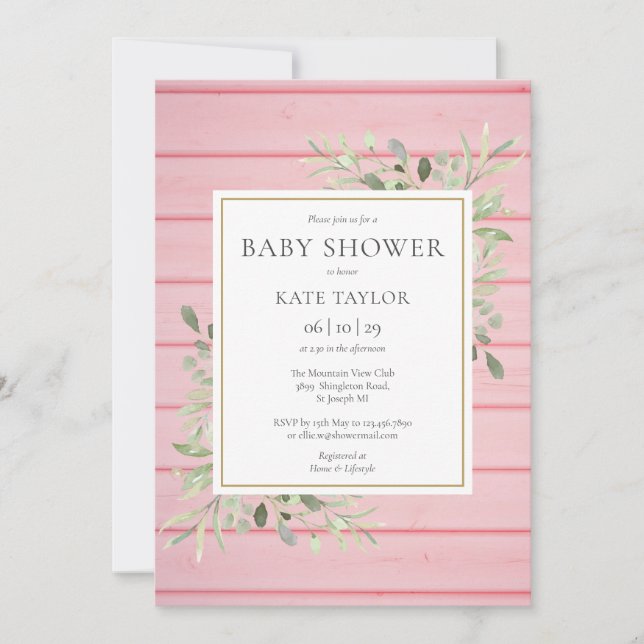 Rosa rustika trägröna baby shower inbjudningar (Framsida)