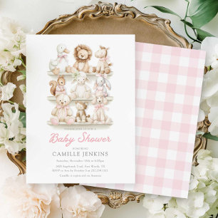 Rosa rutig baby djur flicka baby shower inbjudningar