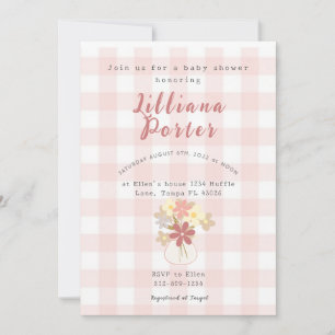 Rosa rutig blom baby shower inbjudan