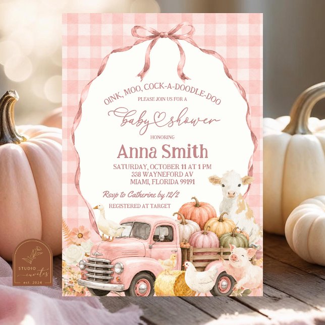Rosa rutig gårdsdjurs-babyshower inbjudningar (Skapare uppladdad)