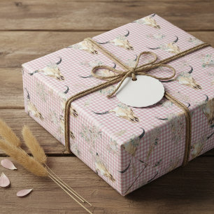 Rosa rutig gingham ko skull boho presentpapper
