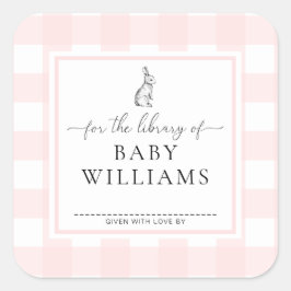 Rosa rutig kanin för bibliotekets bokmärke fyrkantigt klistermärke