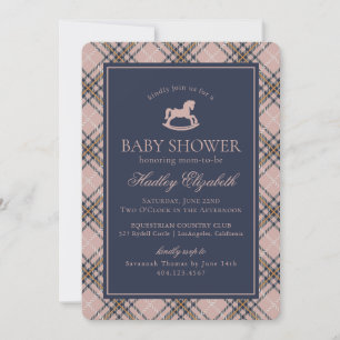 Rosa rutig klassisk gunghäst - baby shower inbjudningar