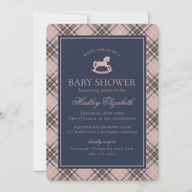 Rosa rutig klassisk gunghäst - baby shower inbjudningar (Framsida)