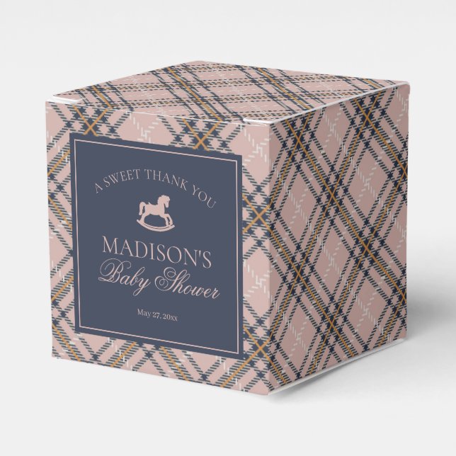 Rosa rutig klassisk gunghäst - baby shower presentaskar (Framsidan Sidan)