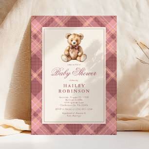 Rosa Rutig Nalle Björn Bebis Shower Inbjudningar