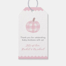 Rosa rutig pumpa babyflicka doppresent etiketter