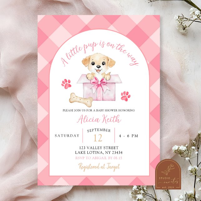 Rosa rutig valp baby shower inbjudningar (Skapare uppladdad)