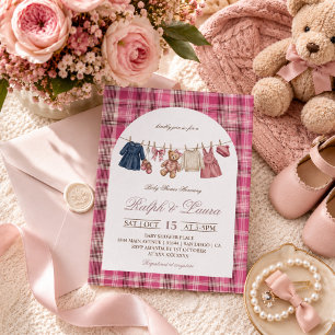 Rosa rutig vintage lyx baby shower inbjudningar
