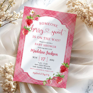 Rosa Rutiga Berry Söt Flicka Jordgubb Baby Shower Inbjudningar