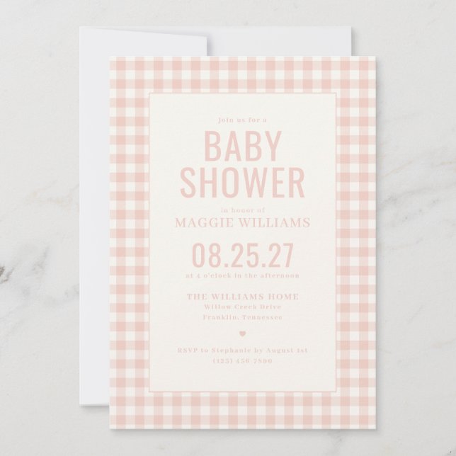 Rosa Rutiga Flickas Babyshower Inbjudningar (Framsida)