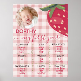 Rosa rutiga jordgubbs första födelsedagsmilstolpe poster