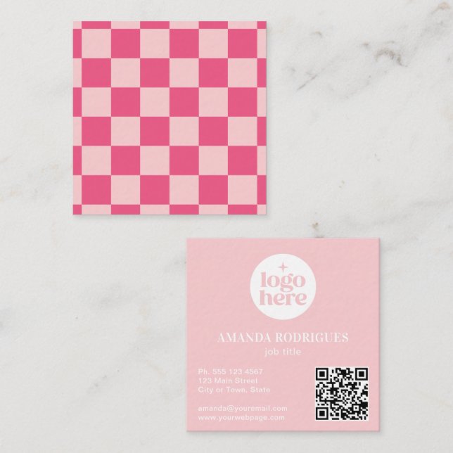 Rosa Rutiga Logotyp QR-kod Fyrkantigt Visitkort (Fram/baksida)