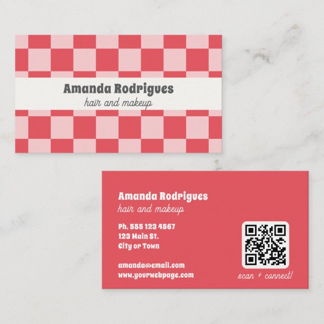 Rosa rutiga QR-kod frisör visitkort  (Fram/baksida)