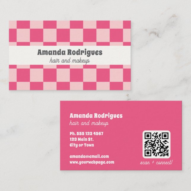 Rosa Rutiga QR-kod Hår Makeup Affärskort  Visitkort (Fram/baksida)