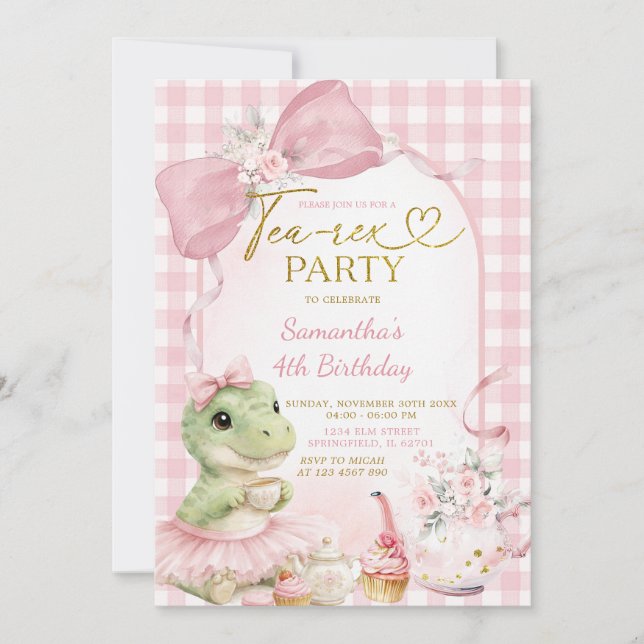 Rosa Rutiga Tea-Rex Födelsedagsfest för Dinosaurie Inbjudningar (Framsida)