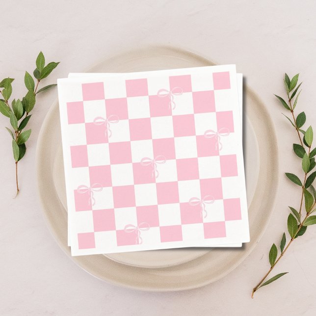Rosa rutiga tjejaktig möhippa  pappersservett (Pink Bow Checkered Girly Bachelorette Party Napkins)