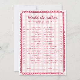 Rosa rutigt bröllopsdusch Would She Rather-kort Inbjudningar