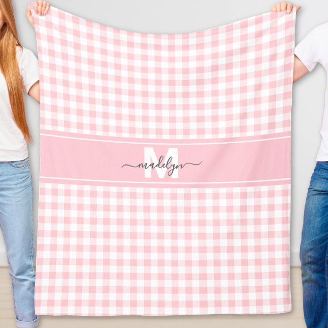 Rosa rutigt monogram fleecefilt (Pink Gingham Plaid Monogram Fleece Blanket )