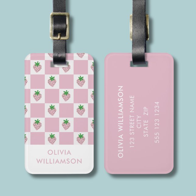 Rosa rutigt sommar jordgubbe bagagebricka (Pink checkerboard summer strawberry personalised luggage tag)