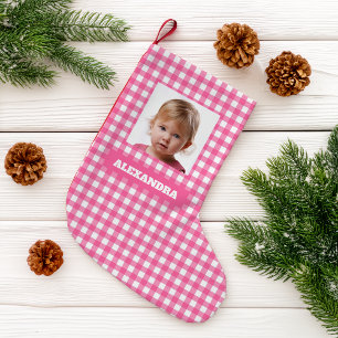 Rosa rutmönster flicka foto & namn rustika rutiga liten julstrumpa