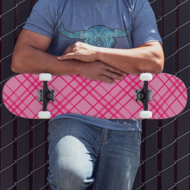 Rosa rutmönster med rosa linjer  mini skateboard bräda 18,5 cm (Skapare uppladdad)