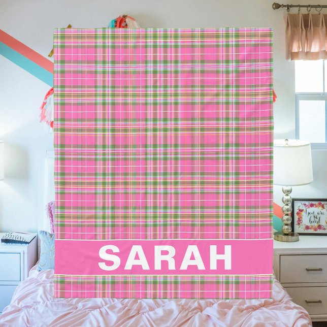 Rosa rutmönstrad filt med eget namn (Pink Tartan Plaid Custom Name Fleece Blanket
)