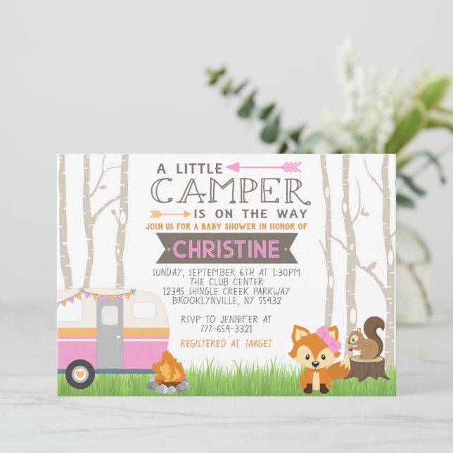 Rosa RV Camper Woodland Forest Animals Baby Shower Inbjudningar (Stående Fram)